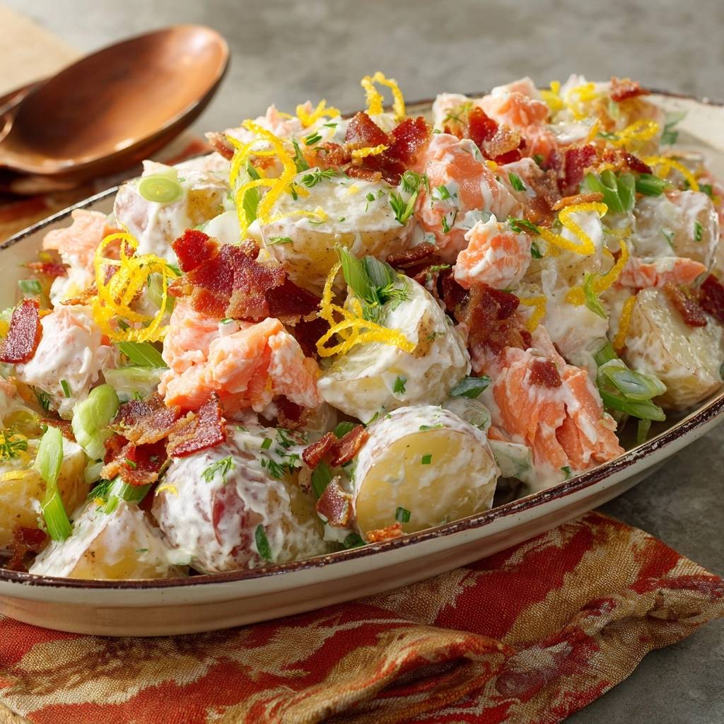 Cremiger Lachs-Kartoffelsalat, reichlich garniert mit knusprigem Speck, frischen Kräutern und Zitronenzesten.