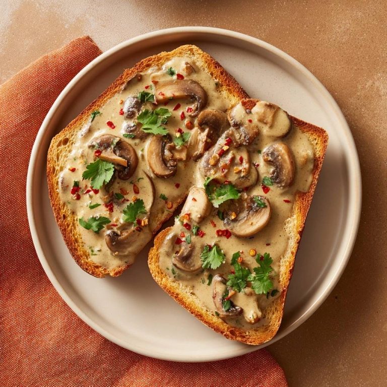 Cremiger Pilz-Toast auf zwei gerösteten Brotscheiben, garniert mit Petersilie und Chiliflocken, nahaufnahme