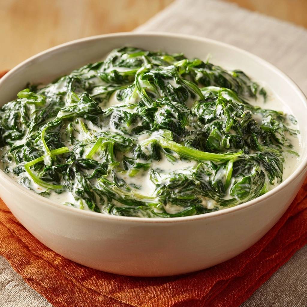 Cremiger Rahmspinat als Nahaufnahme, die die sämige und cremige Konsistenz der Sauce zeigt.