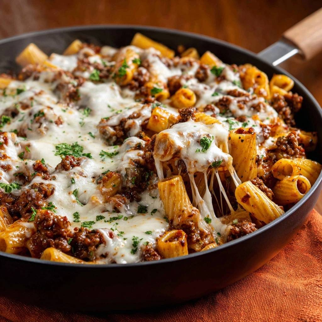 Cremiger Rigatoni-Hack-Pfannenauflauf mit geschmolzenem Käse, der Fäden zieht, in einer Pfanne serviert.