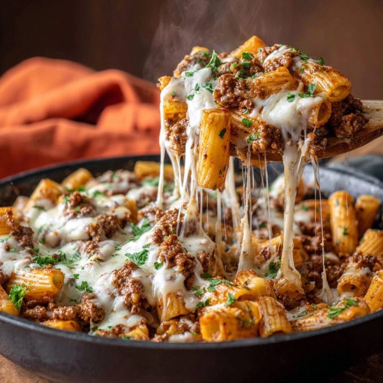 Cremiger Rigatoni-Hack-Pfannenauflauf wird heiss mit geschmolzenem Käse von einer Schaufel serviert.