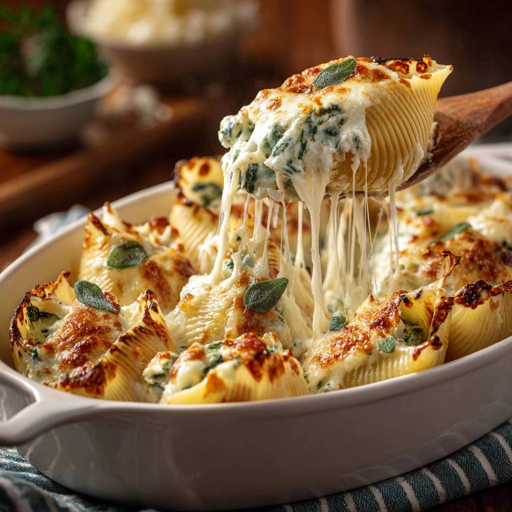 Cremiger Spinat-Conchiglie-Auflauf mit Salbei, eine Muschel wird mit geschmolzenem Käse aus der Auflaufform gehoben.