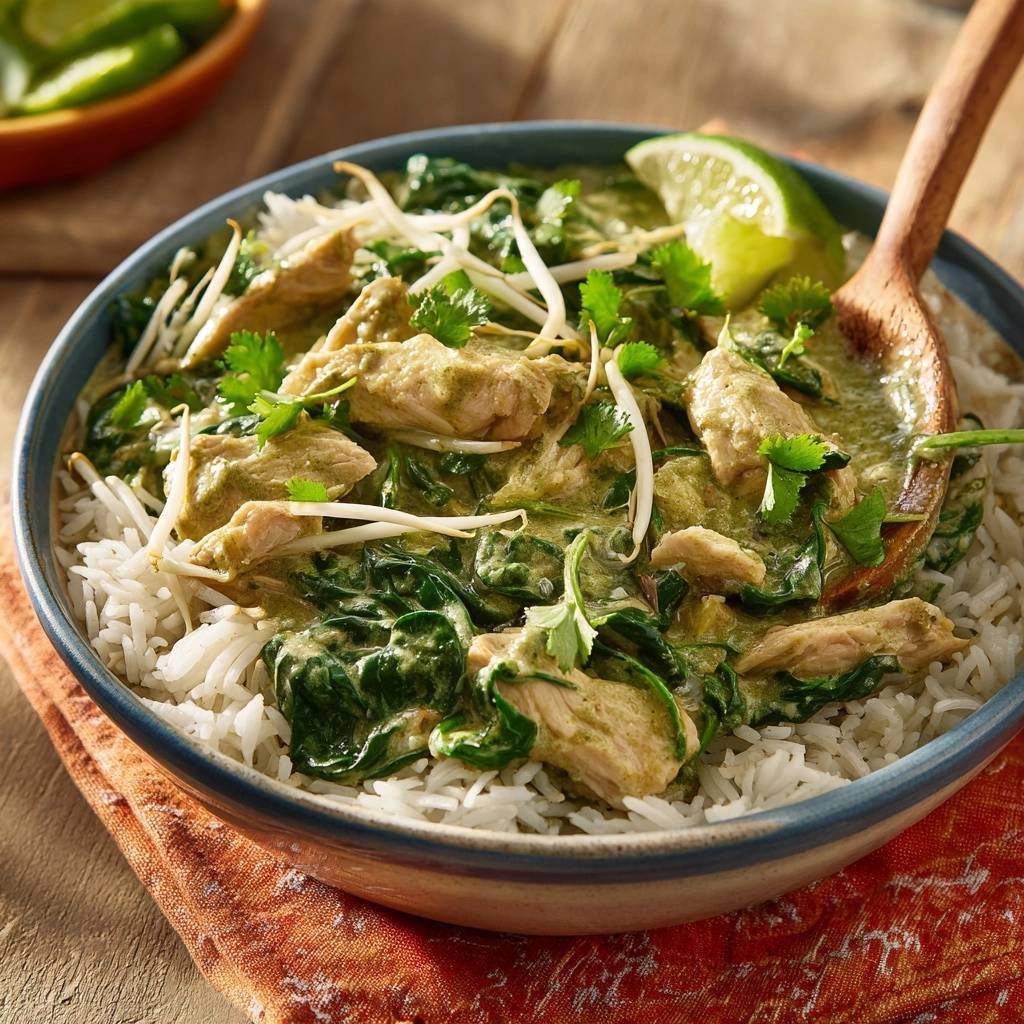 Cremiges grünes Thai-Curry mit Hähnchen, serviert auf Reis mit Koriander und Limette, Nahaufnahme der Textur.