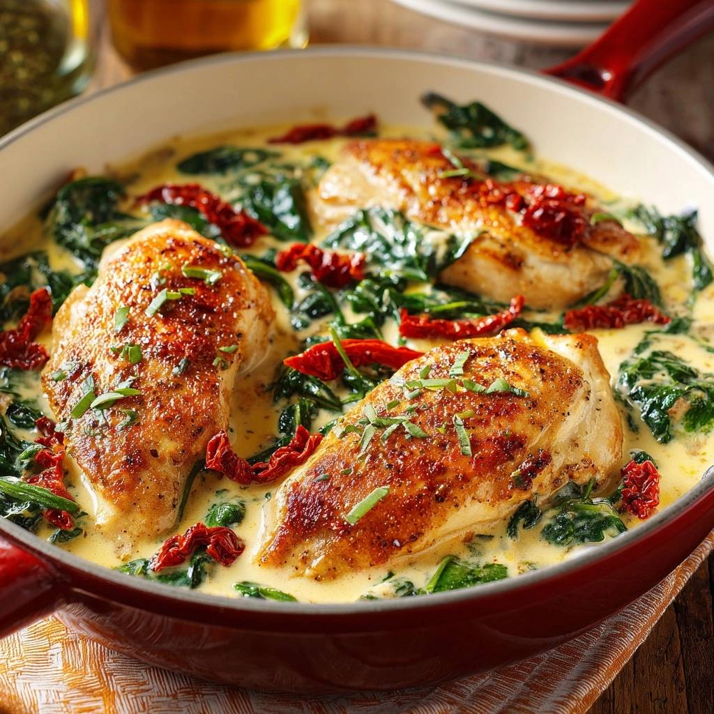 Cremiges Hähnchen mit Spinat und Sonnentomaten in einer roten Pfanne, nahaufnahme der saftigen Hähnchenbrust.
