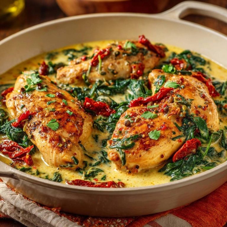 Cremiges Hähnchen mit Spinat, Sonnentomaten und Kapern, nah aufgenommen in einer hellen Pfanne mit cremiger Sauce.