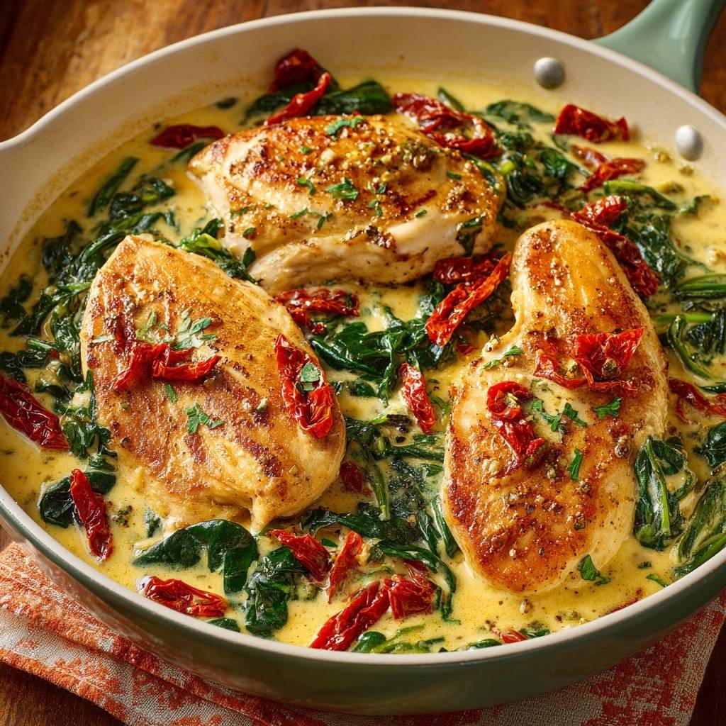 Cremiges Hähnchen mit Spinat und Sonnentomaten in einer Pfanne, Nahaufnahme der saftigen Hähnchenbrust und der cremigen Sauce.