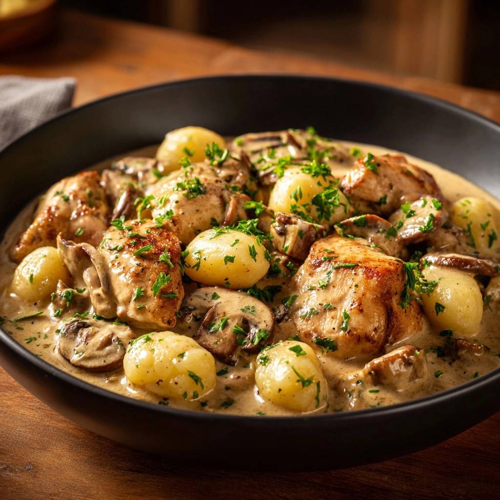 Cremiges Hähnchen mit Pilzen und Kartoffeln in cremiger Sauce, Nahaufnahme der einzelnen Komponenten und der Textur.