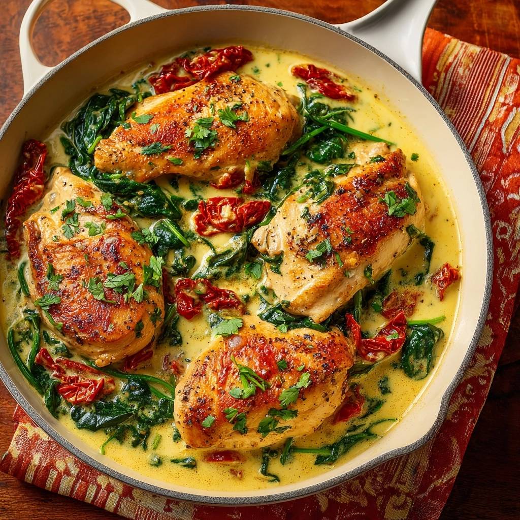 Cremiges Hähnchen mit Spinat, Sonnentomaten und Kapern in einer cremigen Sauce, von oben betrachtet in einer Pfanne.