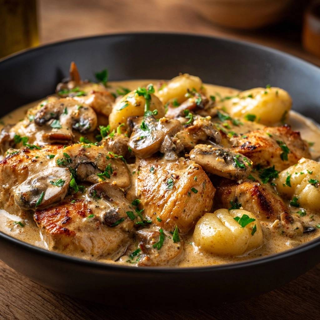 Cremiges Hähnchen mit Pilzen und Kartoffeln in reichhaltiger Sauce, Nahaufnahme, die die Textur des Gerichts zeigt.