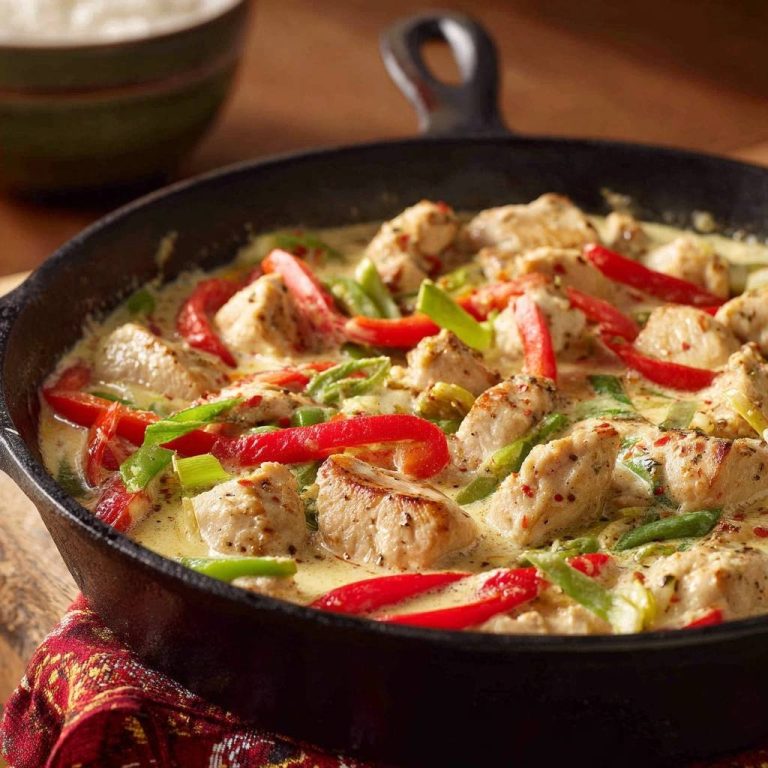 Cremiges Hühner-Curry mit Paprika & Bohnen in einer gusseisernen Pfanne von der Seite fotografiert.