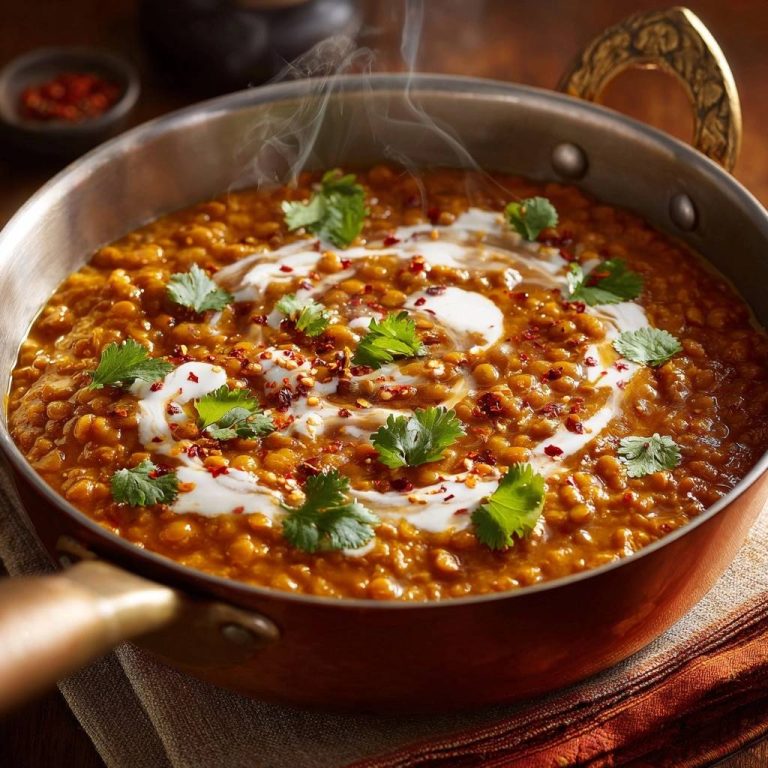 Cremiges indisches Dal als heiße Portion im Kupfertopf, garniert mit Koriander und Kokoscreme