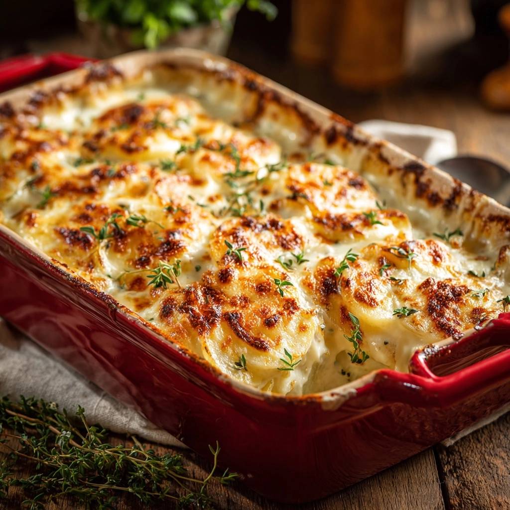 Cremiges Kartoffelgratin mit goldbrauner Kruste und frischen Kräutern garniert, detailreiche Nahaufnahme