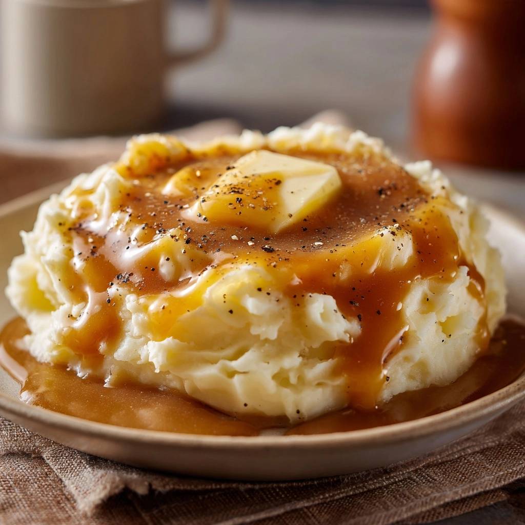 Cremiges Kartoffelpüree mit Bratensoße, garniert mit Butter und Pfeffer, im Detail aus der Nähe gezeigt.