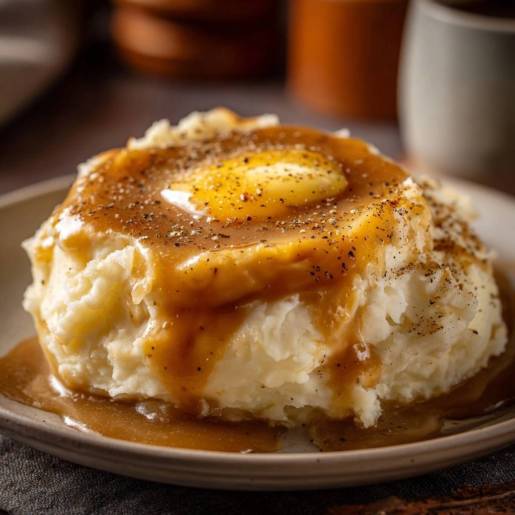 Cremiges Kartoffelpüree mit Bratensoße, serviert auf einem Teller mit geschmolzener Butter und Pfeffer bestreut.