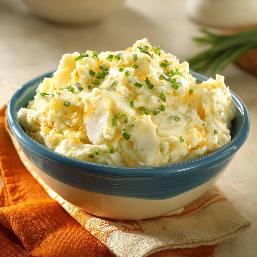 Cremiges Kartoffelpüree mit Schnittlauch, garniert mit Käse und frischem Schnittlauch, in einer blauen Schüssel serviert.