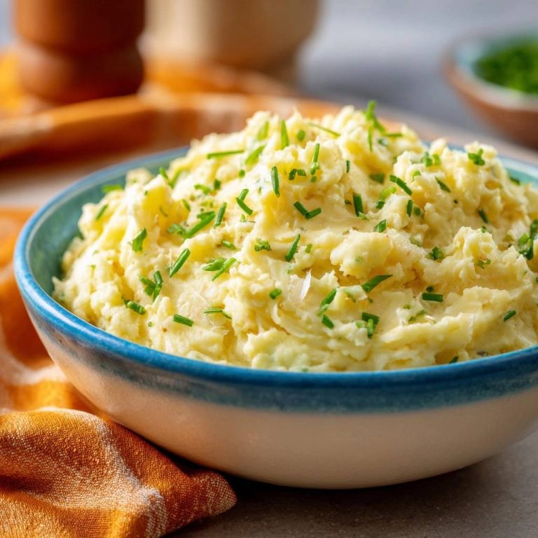 Cremiges Kartoffelpüree mit Schnittlauch, garniert mit frischen Kräutern in einer blauen Schüssel