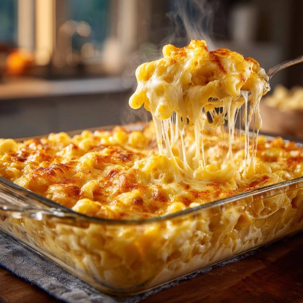 Cremiges Mac and Cheese mit heißem, geschmolzenem Käse, der in langen Fäden von einer Gabel herunterhängt.