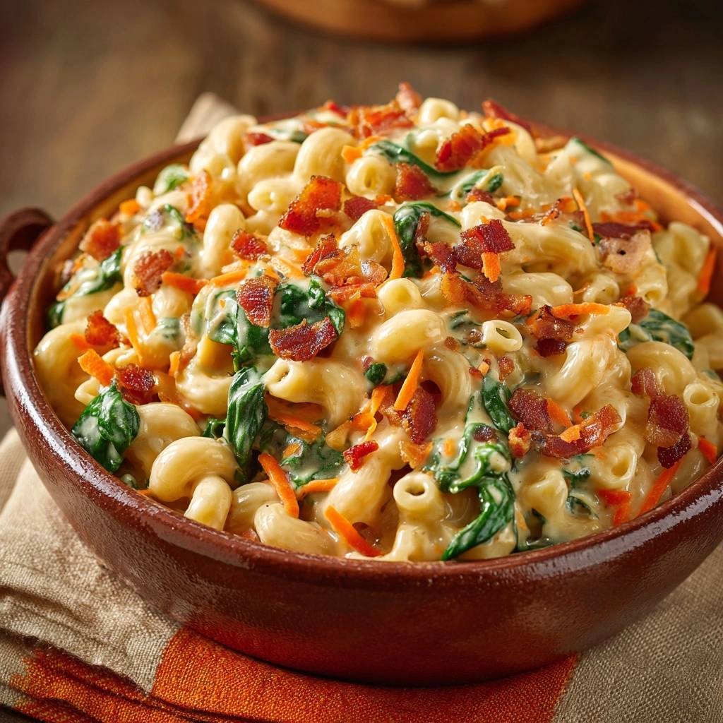 Cremiges Mac and Cheese mit Spinat und Bacon ist in einer braunen Schüssel mit zerbröseltem Speck und Karotten garniert.
