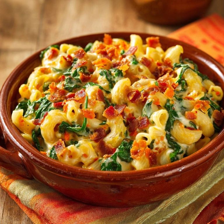 Cremiges Mac and Cheese mit Spinat und Bacon, garniert mit knusprigem Bacon in einer braunen Schüssel auf einem gemusterten Tuch.
