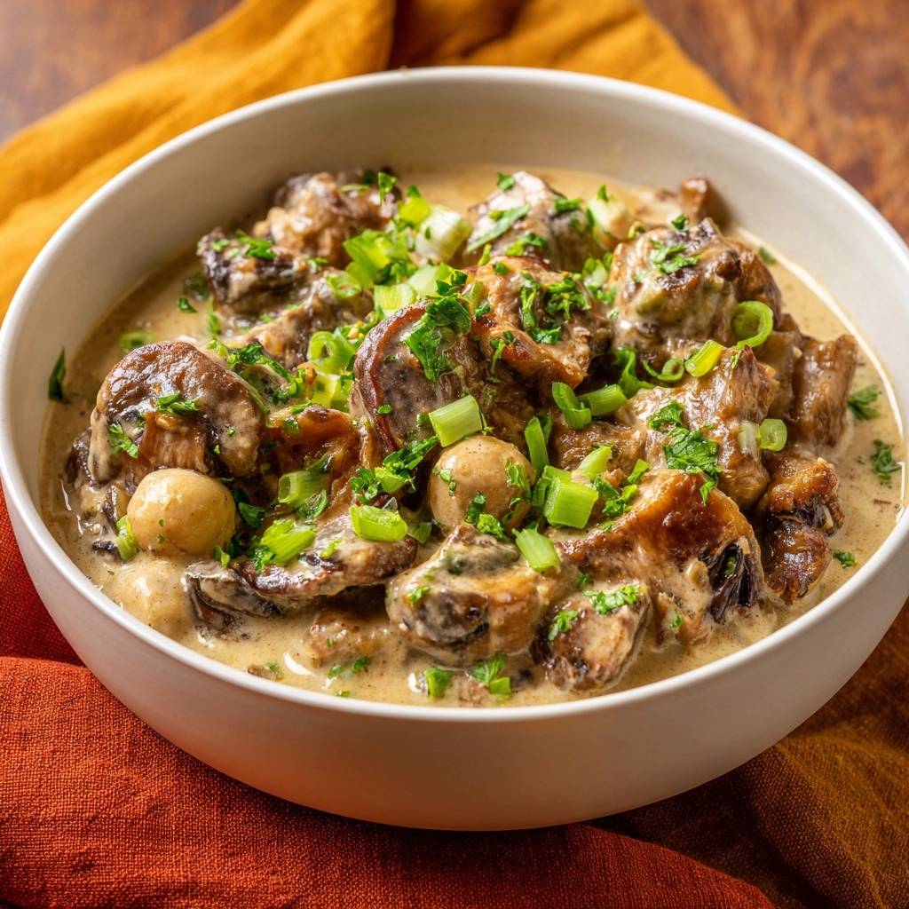 Cremiges Pilz-Perlenzwiebel-Ragout, garniert mit frischer Petersilie und Frühlingszwiebeln in einer weißen Schüssel.