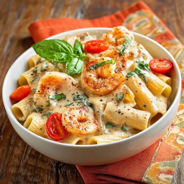 Cremiges Rigatoni mit Garnelen, nahaufnahme der cremigen Sauce und Garnelen mit Kirschtomaten.