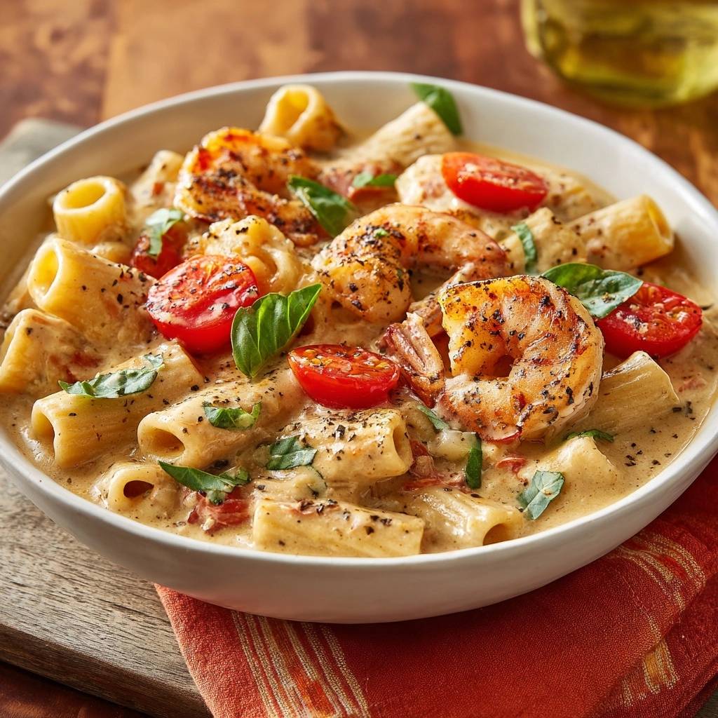 Cremiges Rigatoni mit Garnelen, serviert in einer weißen Schüssel mit Garnelen, Tomaten und Basilikum, Nahaufnahme des Gerichts.