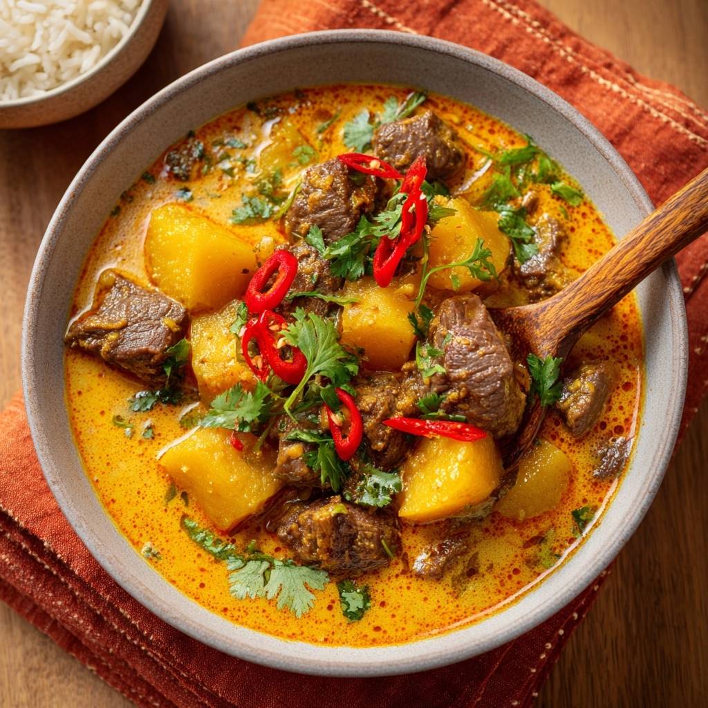 Cremiges Rinder-Curry mit Kartoffeln, serviert mit einem Holzkochlöffel und garniert mit Chili und Koriander.