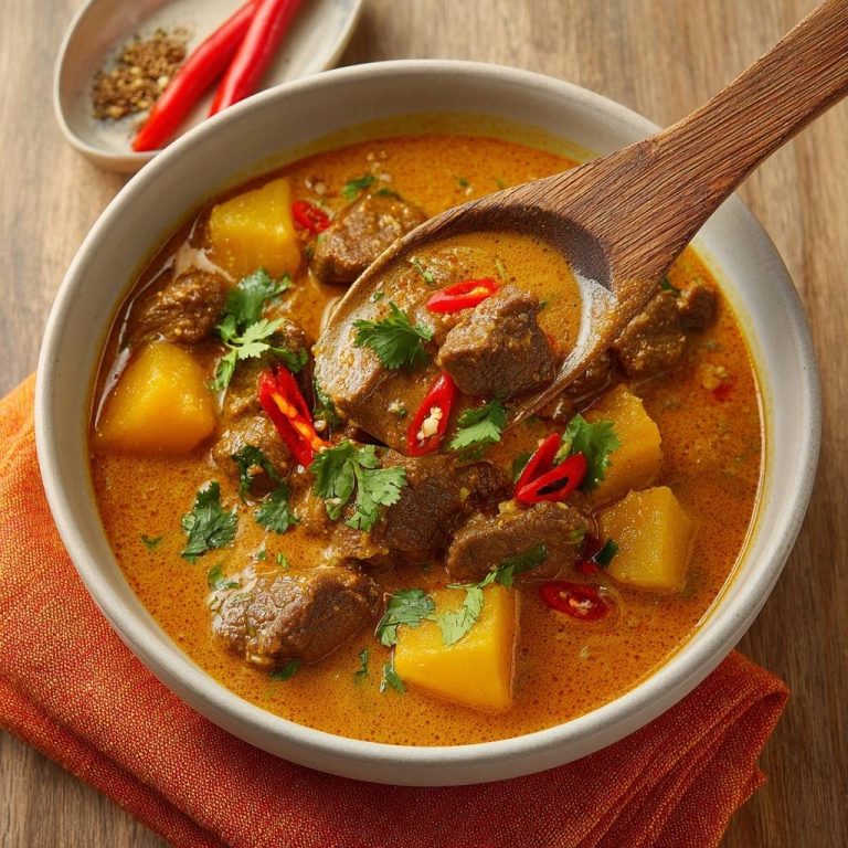 Cremiges Rinder-Curry mit Kartoffeln, serviert in einer Schüssel mit einem Holzkochlöffel, der oben herausschaut.