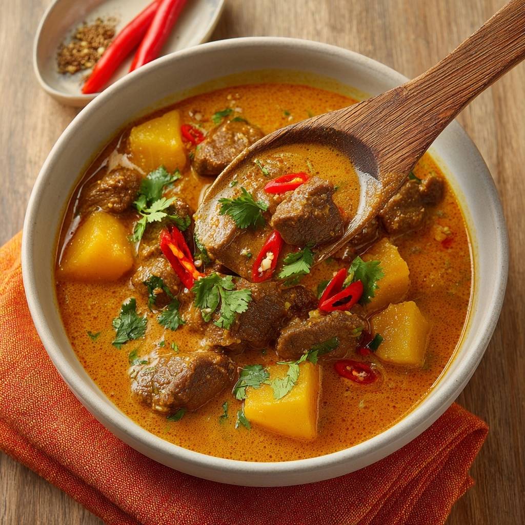 Cremiges Rinder-Curry mit Kartoffeln, serviert in einer Schüssel mit einem Holzkochlöffel, der oben herausschaut.