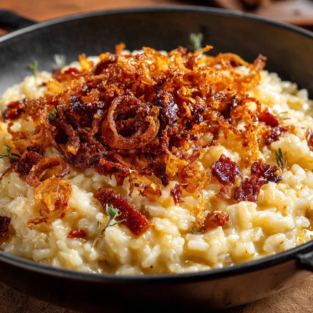 Cremiges Risotto mit knusprigem Speck und Zwiebeln, garniert mit frischen Kräutern in einer Pfanne.