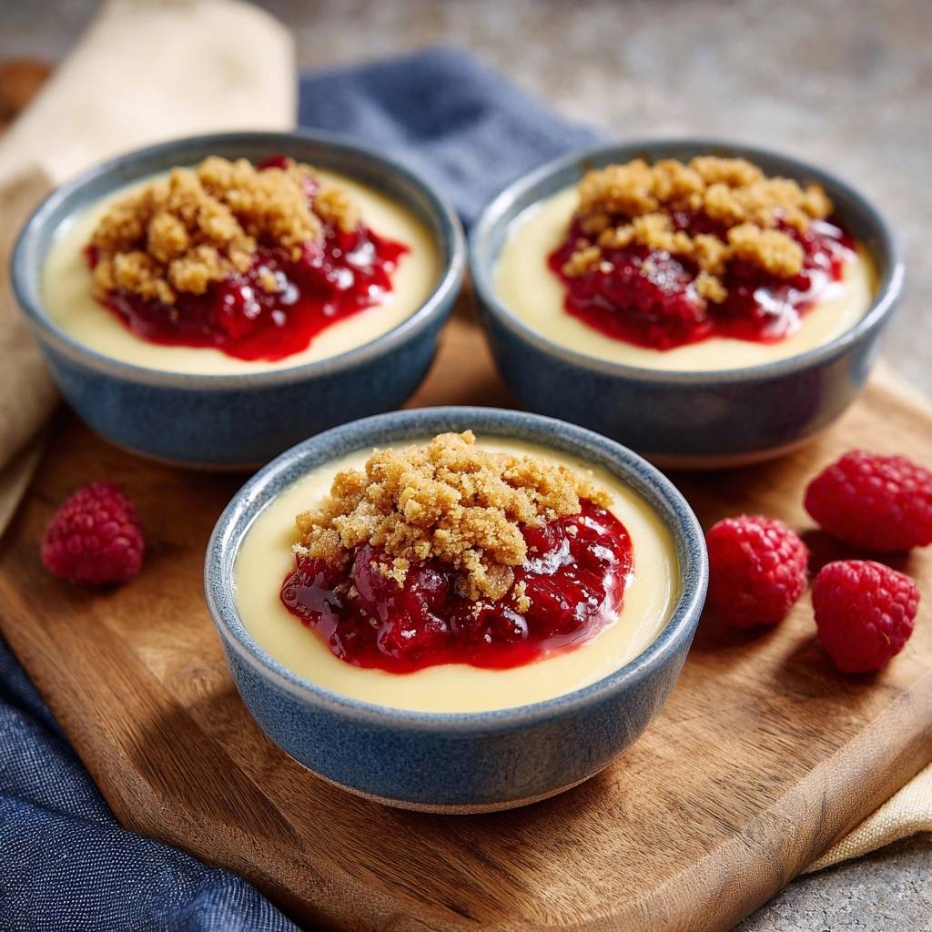 Cremiges Vanille-Himbeer-Dessert in blauen Schalen, garniert mit Himbeersauce und Streuseln, Nahaufnahme