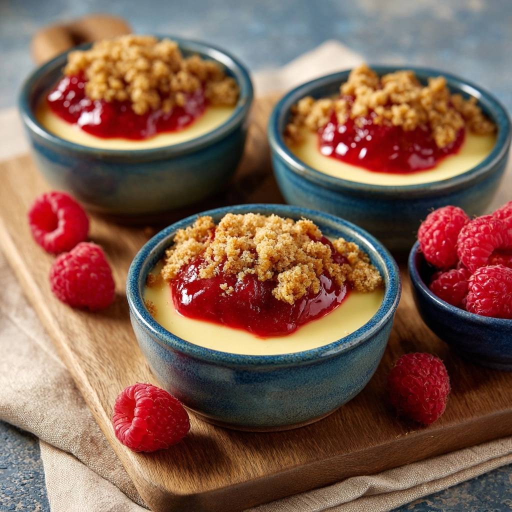 Cremiges Vanille-Himbeer-Dessert, drei blaue Schalen mit Himbeersoße und Streuseln, nah aufgenommen