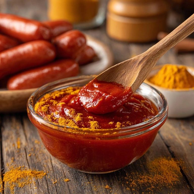 Currywurst mit Klumpenfreier Sauce, detaillierte Nahaufnahme einer Holzschöpfkelle, die die rote Sauce aus einer Glasschüssel hebt.