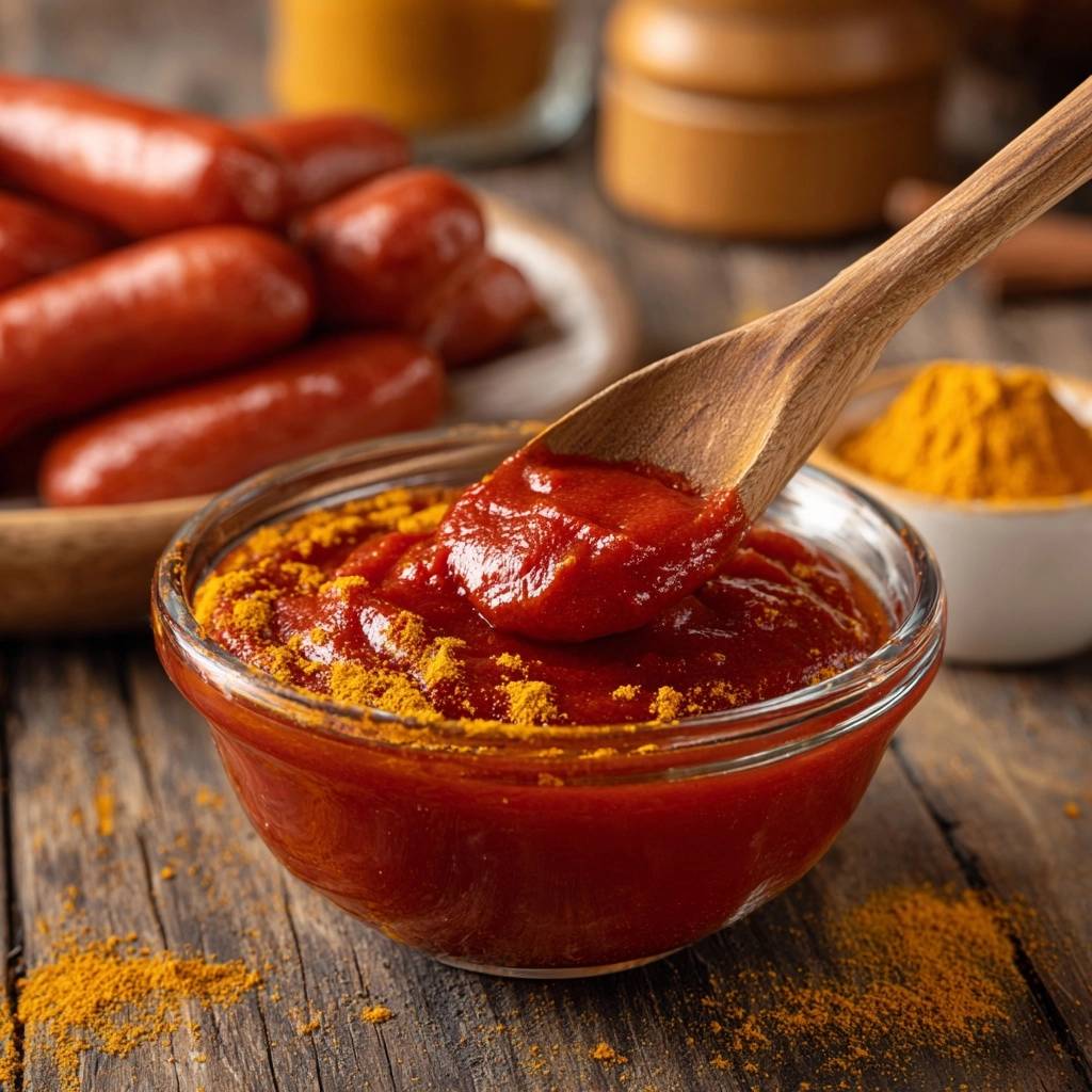 Currywurst mit Klumpenfreier Sauce, detaillierte Nahaufnahme einer Holzschöpfkelle, die die rote Sauce aus einer Glasschüssel hebt.