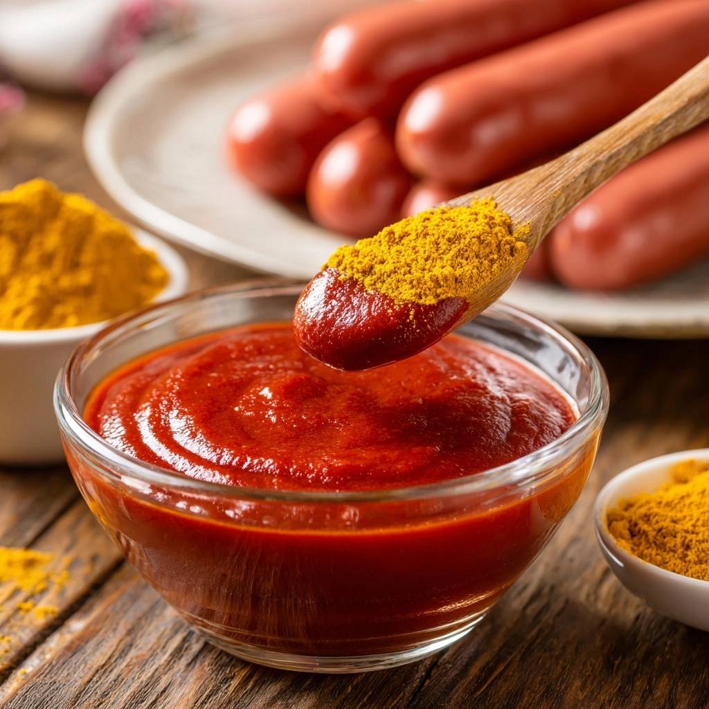 Currywurst mit klumpenfreier Sauce, ein Löffel mit Ketchup und Currypulver wird über die Schüssel gehalten.
