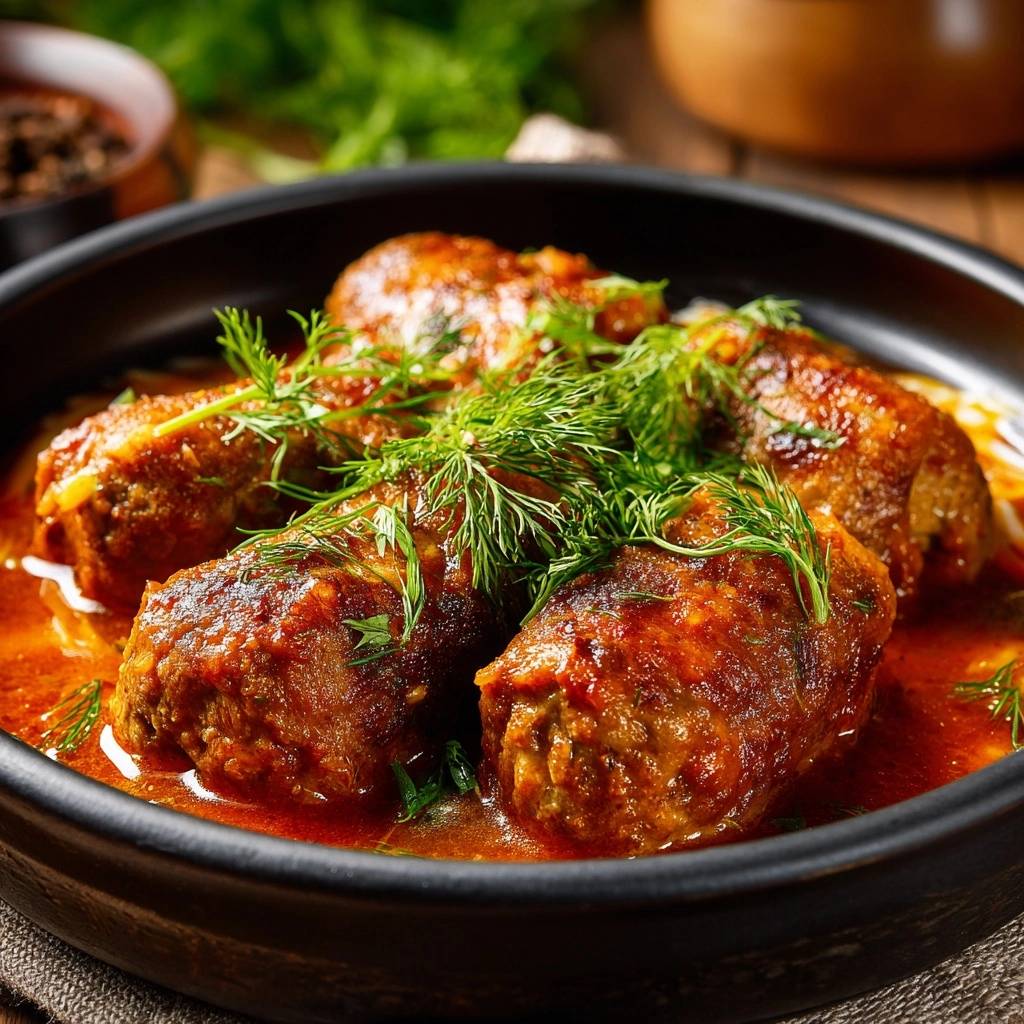 Saftige Dill-Fleischröllchen in Tomatensauce, serviert in einer schwarzen Schüssel mit frischem Dill garniert, Nahaufnahme.