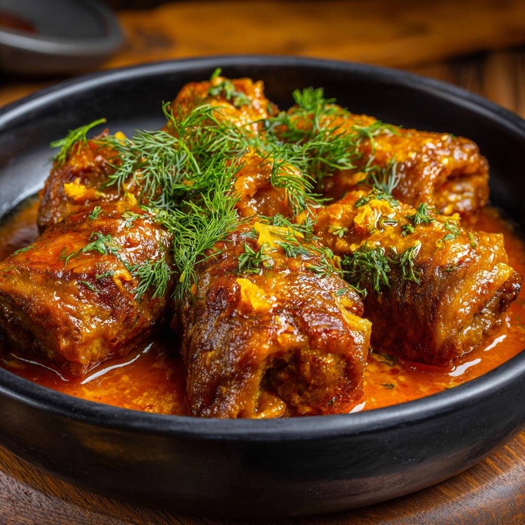 Saftige Dill-Fleischröllchen in Tomatensauce, eine Nahaufnahme, die die Textur und Garnitur des Gerichts zeigt.