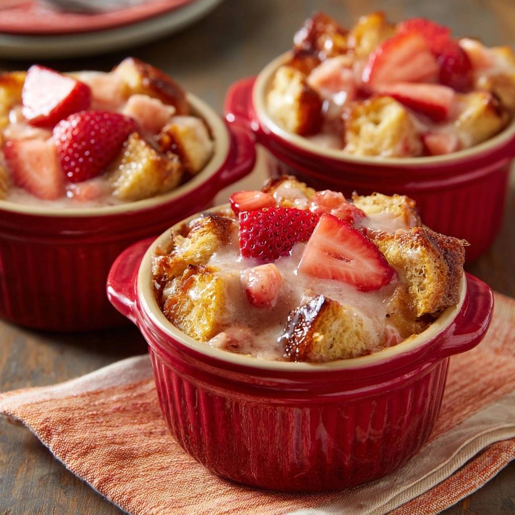 Erdbeer-Brotpudding aus dem Ofen in drei roten Portionsförmchen mit frischen Erdbeeren garniert, nahaufnahme