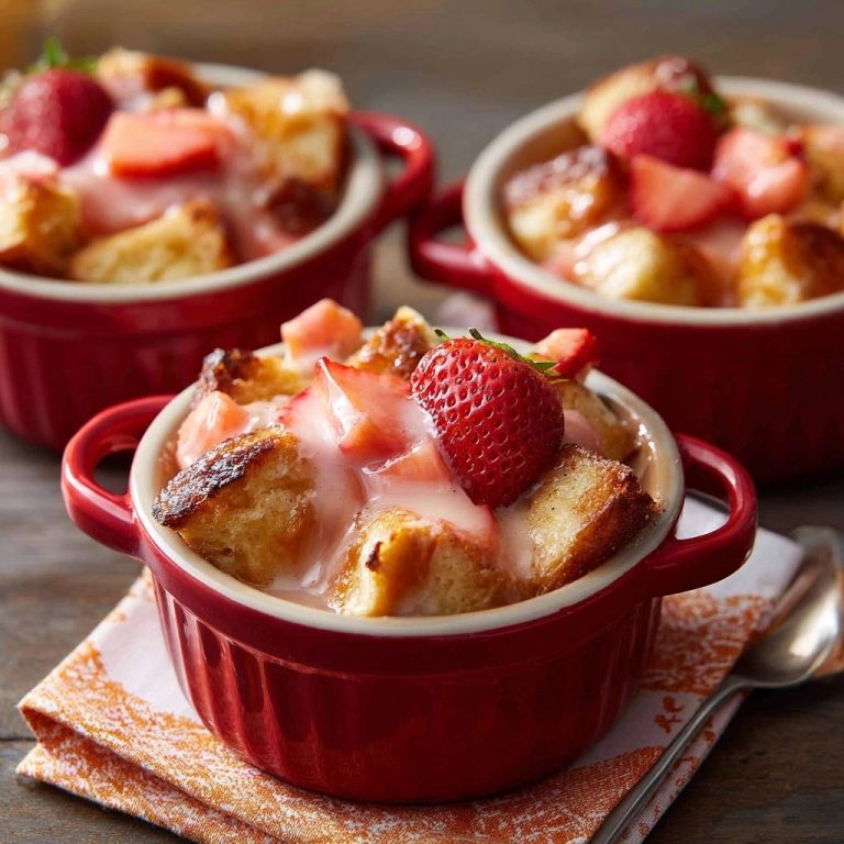 Erdbeer-Brotpudding aus dem Ofen, serviert in mehreren roten Ramekins, garniert mit frischen Erdbeeren.