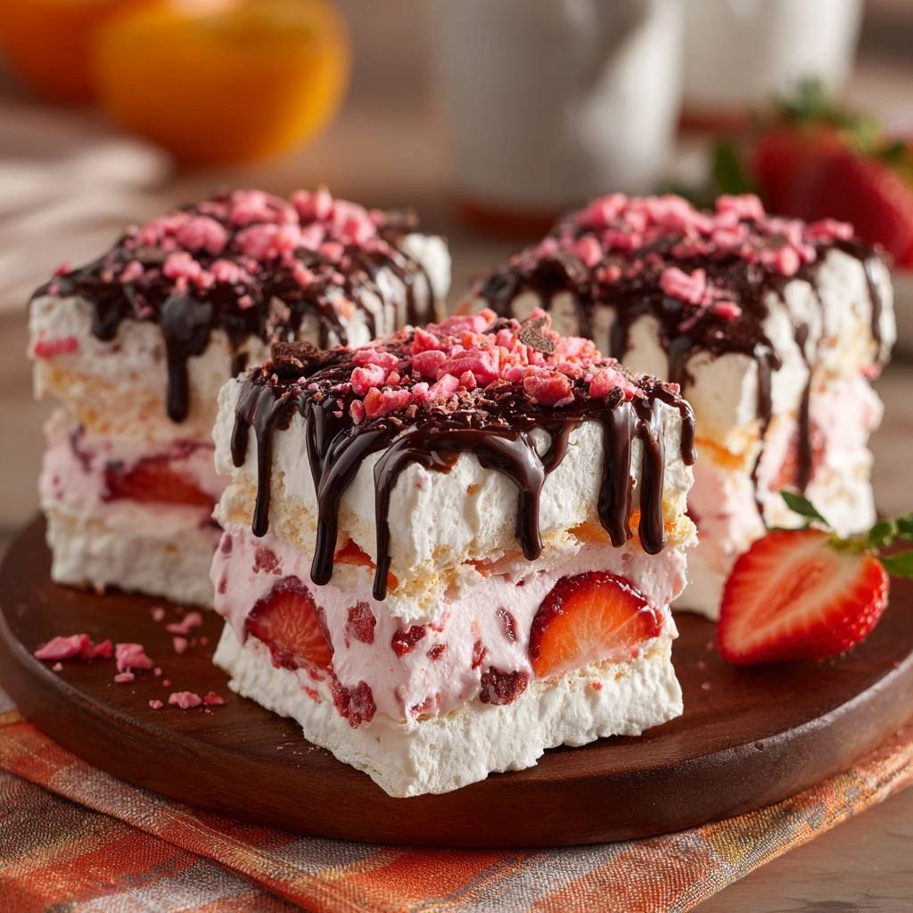 Erdbeer-Schoko-Schnitten angeschnitten, mit Schokoladenguss und zerbröselten Erdbeeren, auf einem Holzbrett serviert.