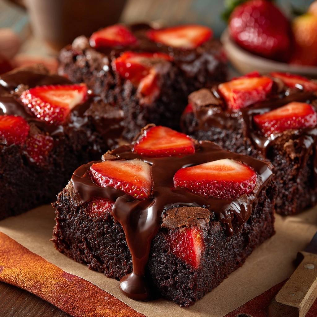 Saftige Erdbeer-Schokoladen-Brownies mit flüssiger Schokoladenglasur und frischen Erdbeeren, Nahaufnahme.