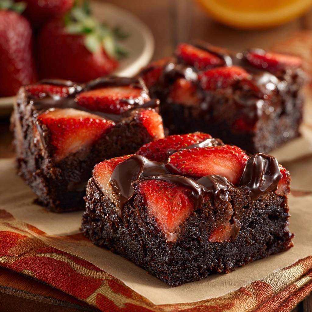 Saftige Erdbeer-Schokoladen-Brownies mit frischen Erdbeeren und Schokoladenglasur, Nahaufnahme der Oberfläche.