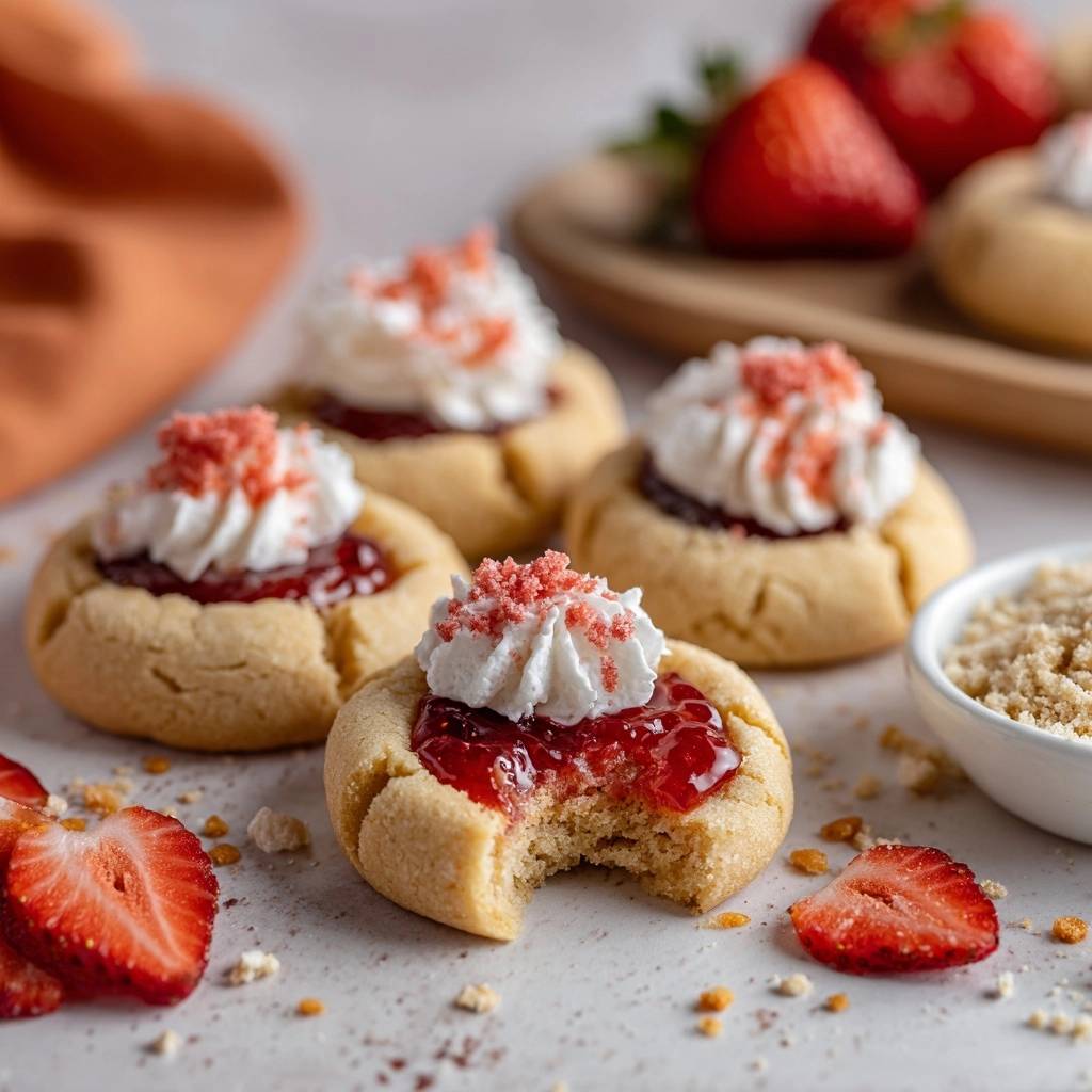 Erdbeer-Shortcake-Kekse angeschnitten mit Frischkäse-Frosting und Erdbeermarmelade, garniert mit zerbröselten Erdbeeren.