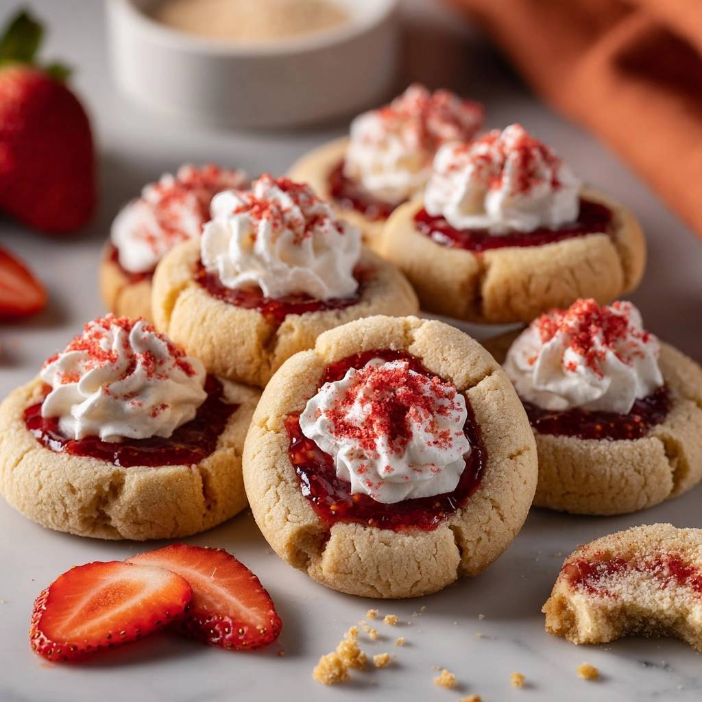 Erdbeer-Shortcake-Kekse nahaufnahme mit Sahne und Erdbeerstreuseln, die auf einem Marmortisch serviert werden.