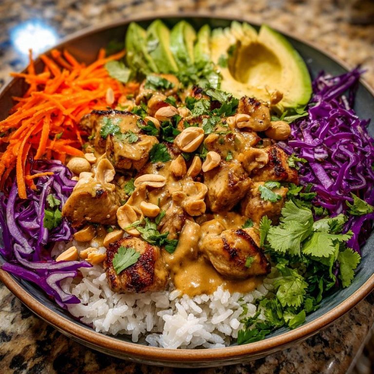 Erdnuss-Hähnchen-Bowl mit glatter Soße, garniert mit Erdnüssen und Koriander, Nahaufnahme der Zutaten in einer Schüssel.