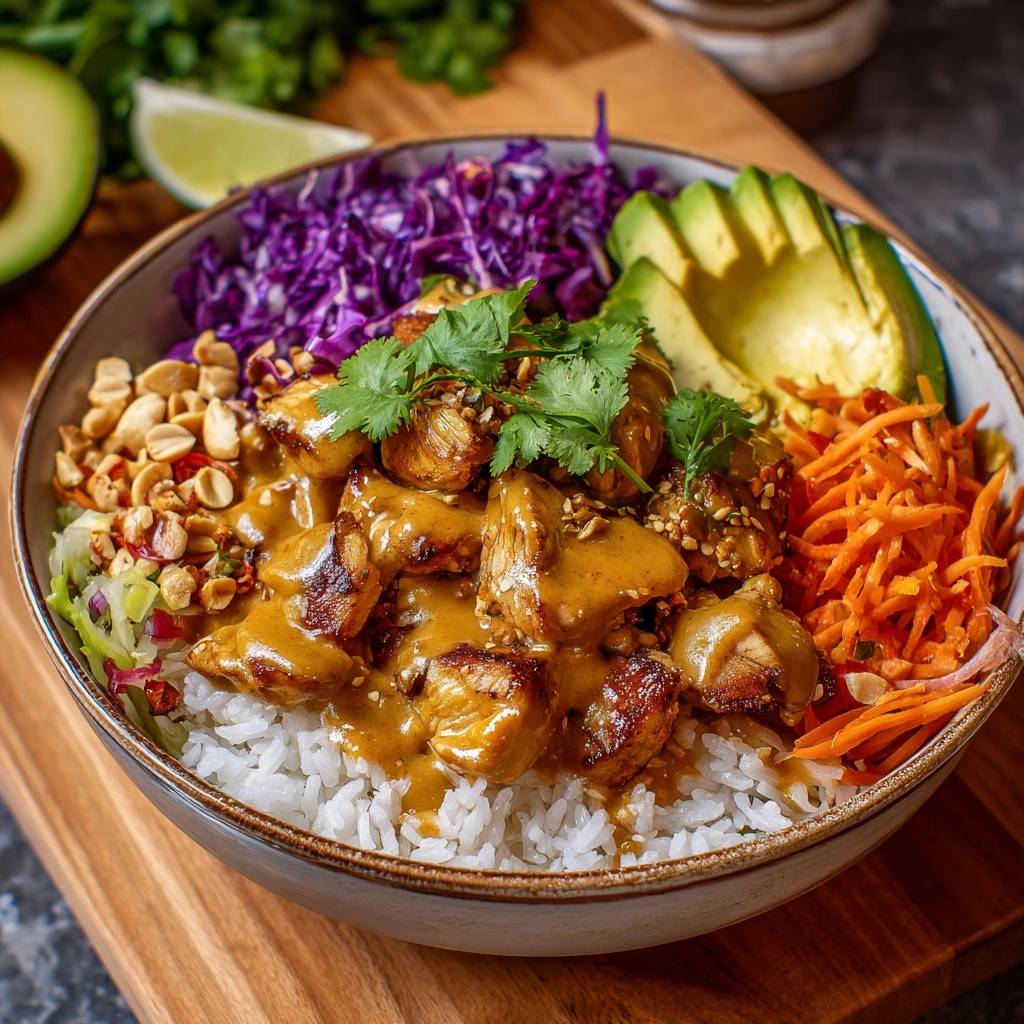 Erdnuss-Hähnchen-Bowl mit cremiger Erdnusssauce, garniert mit Koriander und Erdnüssen, serviert auf Reis.