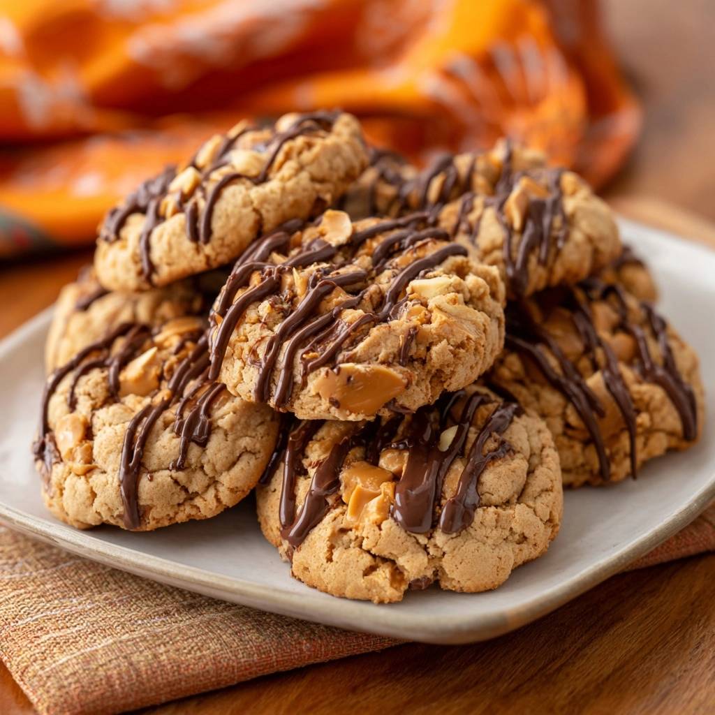 Erdnussbutter-Cookies mit Schokoguss, saftig und weich, auf einem Teller gestapelt und nah aufgenommen.