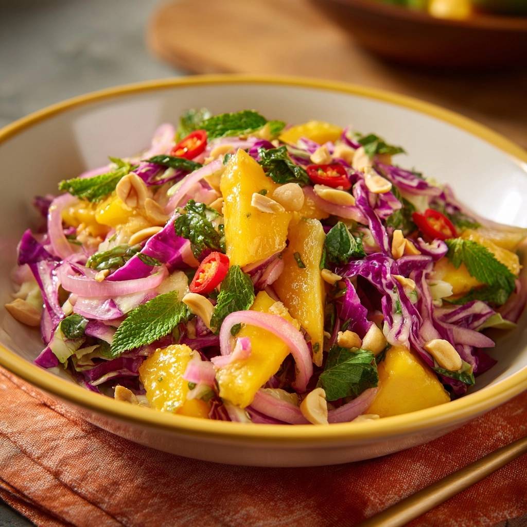 Exotischer Regenbogen-Salat nah aufgenommen mit Mango, Rotkohl, Zwiebeln, Chili und Minze.