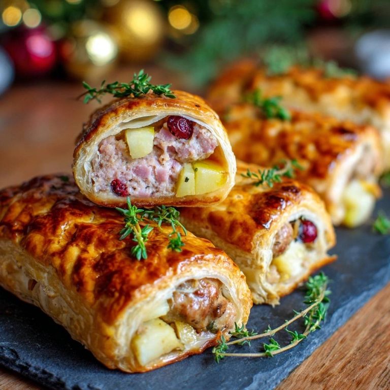 Festliche Apfel-Cranberry-Hack-Rollen zeigen im Anschnitt die saftige Füllung mit Apfelstücken und Cranberries.