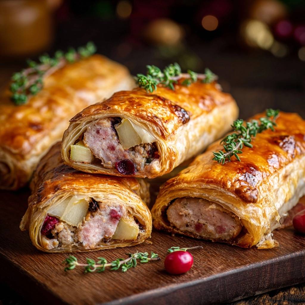 Festliche Apfel-Cranberry-Hack-Rollen im Querschnitt mit saftiger Füllung und goldbraunem Blätterteig.